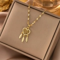 18k gold plated stainless steel heart dreamcatcher necklace with zircon and feathers - Gold Tassel Hollow Heart