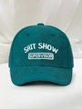 Detailed view of white embroidery on dark green corduroy cap showing textile texture - Adjustable / Dark Green