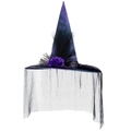 Cappello da strega gotico con rosa viola, piume nere e velo a pois per Halloween - Taglia unica / Rete con fiori viola sfolgorante