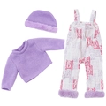 Three-piece purple knitted doll outfit with sweater, hat and printed overalls for 18-inch dolls - Purple Sweater And Overall Set