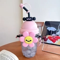 Pink sunflower cartoon water bottle with straw and cross-body strap for summer - Sun Flower Black Pink