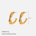 Golden C-shaped stainless steel twisted earrings with inlaid sparkling white rhinestones - Twisted Rope Rhinestone C-Shape Style (YHTSE-2501395)