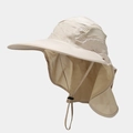 Detail of outdoor sun hat with wide brim, mesh vents, neck flap, and adjustable chin strap - One Size / Khaki