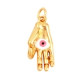 Gold-plated Hamsa hand pendant with pink and black evil eye detail in polished brass - Gold Pink Eye Hamsa Style (K086724K2-3)