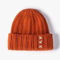 Caramel ribbed knit beanie with white cross stitching and classic turn-up cuff design - One Size / Orange Red