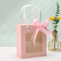 Pink gift bag with transparent window and decorative silk bow for birthdays - Kraft Paper Flat Handle + Ribbon / Small 14.5*8*16.5cm / Pink