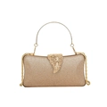 Elegant gold evening clutch bag with textured finish, leaf clasp and metal chain strap - Gold