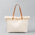 Cream woven canvas tote bag with brown leather straps and tassel detail on grey background - Off White