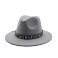 Detail of grey wool fedora hat with bohemian beaded leather band and wide brim - Light Gray