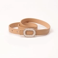 Beige leather belt with oval golden buckle and double-row pearl inlay decorations - Khaki