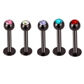 Detail view of five black stainless steel lip rings with multicolor zircon inlay set - Black Base Rhinestone Style