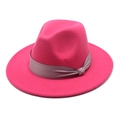 Detail of fuchsia wool fedora hat featuring a gray satin band and sparkling crystal buckle - Rose Red