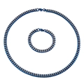 Blue and silver two-tone stainless steel Cuban link chain necklace and bracelet set - Blue Silver Two-Tone Necklace Bracelet Set (KS141235-Z)