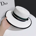 White flat top straw hat with striped band and metal detail for sun protection - White / Adjustable
