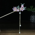 Vintage-Haarnadel mit lila Harzblumen und eleganten Quasten aus Perlen - Lila Blume Dreischichtige Perle Quaste Gold Stil (0204)