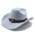 Close-up of light blue suede cowboy hat with brown band and vintage metal star buckle - M (56-59cm) / Light Blue (Suede)