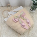 Beige woven tote bag with a pink and green silk bow featuring tulip details - Beige with Pink Lily
