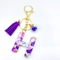 Letter H epoxy resin keychain with purple tassel and gold ring for women - Letter H