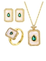 Vintage 18K gold-plated jewelry set with emerald green pear-cut stones and white panels - Water Drop Green Zirconia 3-Piece Set