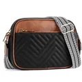 Quilted crossbody bag in black and brown leather with wide geometric jacquard strap - Black Brown