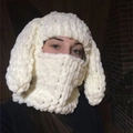 White knitted bunny ear balaclava hat in soft thick yarn for cozy winter warmth - Beige