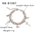 Detail showing 18cm+5cm adjustable length of silver cross pendant double chain bracelet - Cross Pendant Layered Chain (NB-B1087)