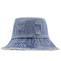 Cappello a secchiello in denim blu con strappi e bordi sfrangiati stile Harajuku - M (56-58cm) / Blu Chiaro Distressed