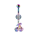 Rainbow colored metallic belly button ring with zircon stone and cherry skull pendant - Rainbow Cherry Skull