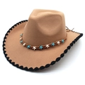 Cappello da cowboy in feltro kaki con fascia di stelle marine e tesa cucita nera - M (56-58cm) / Cammello