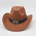 Detail of brown felt cowboy hat with leather band and vintage silver bull head buckle - One Size (57cm) / Khaki