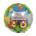 18-inch round foil balloon with cute safari animals and Spanish Feliz Cumpleaños text - Round Spanish Animal Birthday