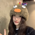 Cute brown monster plush hat with funny white eyeballs and colorful horns decoration - M (56-58cm) / Brown