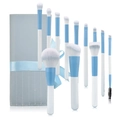 Sky blue 10-piece makeup brush set with gray leather pouch and soft ombre bristles - Clear Sky Blue + Blue Pouch