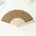 Vintage Portuguese cork folding fan with elegant mountain landscape patterns on bamboo frame - Overprinted Mountain Peaks