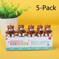 5-piece set of brown bear birthday candles with bows in a white gift box packaging - Set / Brown