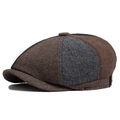 Classic herringbone newsboy cap in dark brown, grey, and black patchwork design - Color Block