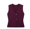Gilet en tricot pour femmes pourpre rouge avec col en V et boutons dorés - Haut Rouge Vin
