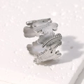 Silver leaf-shaped adjustable stainless steel ring with detailed botanical vein patterns - Adjustable / Silver