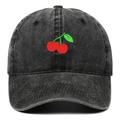 Washed black cotton baseball cap with red cherry embroidery and vintage distressed texture - Black