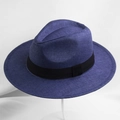 Κλασικό σκούρο μπλε ψάθινο καπέλο fedora με φαρδιά μαύρη κορδέλα και μεγάλο γείσο - 58cm / Ναυτικό μπλε
