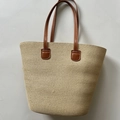 Vintage beige woven straw tote bag with brown leather handles for summer beach use - Solid Beige