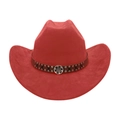 Detail of red faux suede western cowboy hat with brown leather band and metal studs - One Size / Rust red