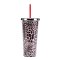 24oz double-wall plastic tumbler with pink leopard print, silver lid, and red straw - Flat Lid F/Leopard Print
