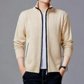 Men's stylish beige knitted cardigan with stand collar and full zipper closure - 4XL / Off White