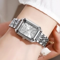 Elegant silver square quartz watch for women with stylish metal mesh strap on wrist - Silver White Face