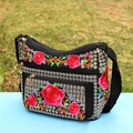 Ethnic style black canvas crossbody bag featuring colorful floral peony embroidery - Red Rose