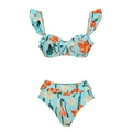 Detail of floral ruffle bikini top and high-waisted bottoms in blue tropical print - S / 2 Pieces Bikini Set (Top + Bottom)