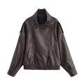 Veste en similicuir marron foncé pour femme avec texture vintage et fermeture zippée - XS / café