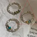 Three handmade sterling silver beaded rings with green gemstones and turquoise accents - Handmade Colored Bead Style(JZ0491)