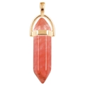 Detail of red hexagonal crystal column pendant with polished gold metal clasp - Gold O-Chain / Watermelon red